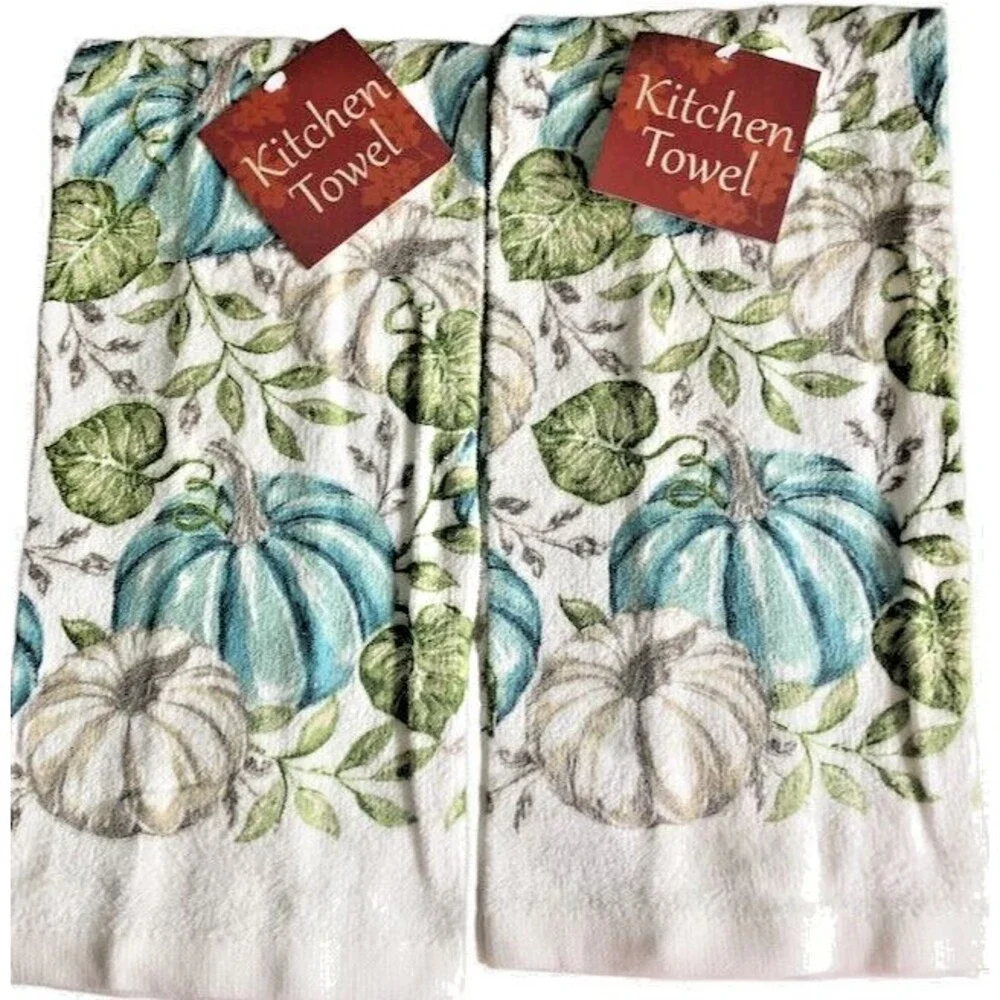 Thanksgiving Teal Pumpkins Kitchen Dish Towels Set of 2 Fall Harvest Autumn